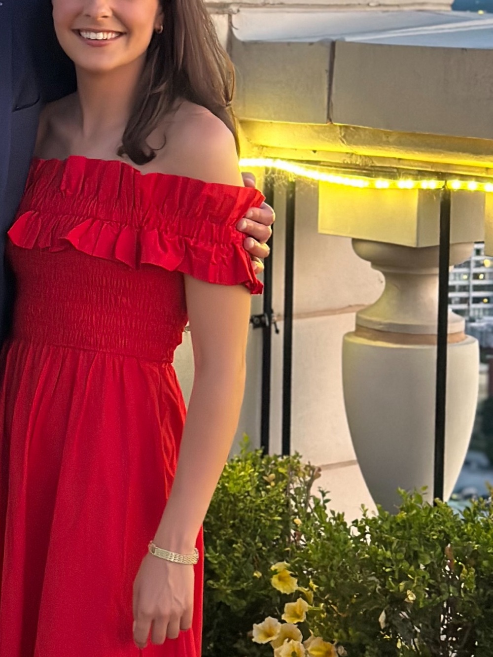 Ganni Red Off-Shoulder Ruffle Midi Dress